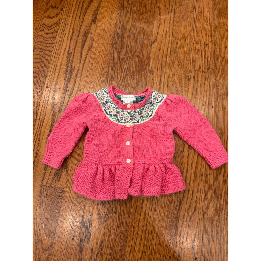Ralph Lauren Baby Girl Pink Fair Isle Peplum Cardigan Sweater 6M Cotton Silk